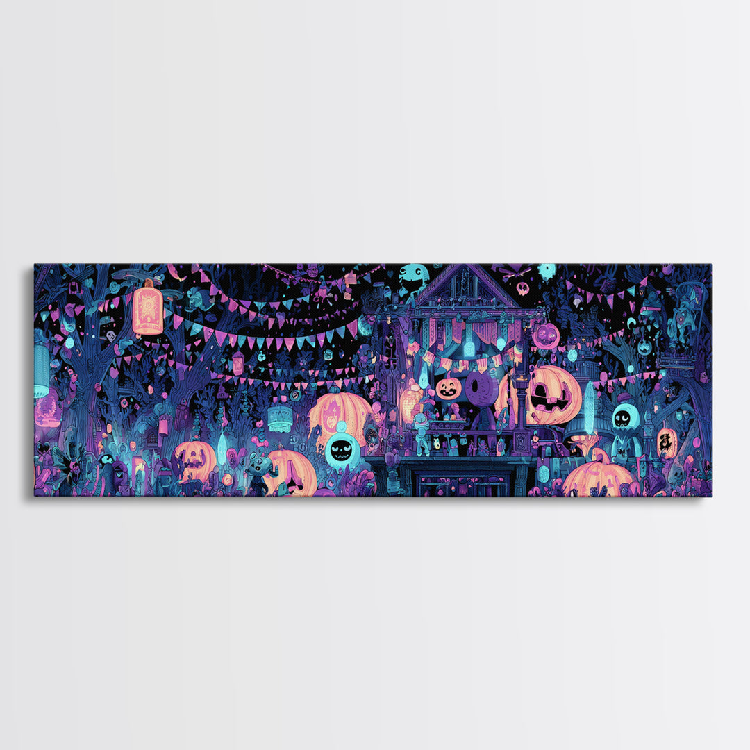 The Festival Of The Little Old Ones, Vaporwave Halloween Decor, Extra Wide Wall Art, Framed Canvas Print, Retro Halloween Decor