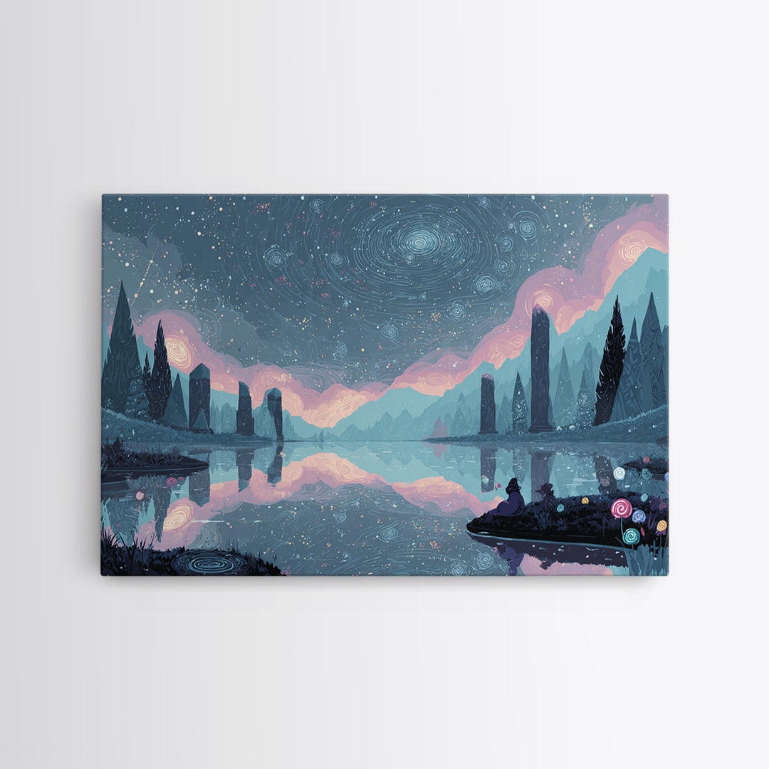 The Mirror Lake Of Lost Constellations, 80s Halloween Wall Art, Landscape Wall Art, Framed Canvas Print, Retro Halloween Decor