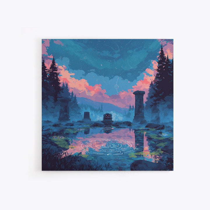 The Mirror Lake Of Lost Constellations, 80s Halloween Wall Art, Square Wall Art, Canvas Print, Retro Halloween Decor, Neon Wall Art