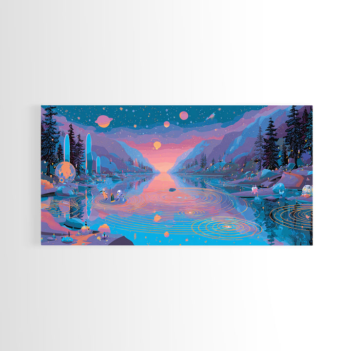 The Mirror Lake Of Lost Constellations, Synthwave Halloween Art, Wide Panoramic Art, Framed Canvas Print, Retro Halloween Decor