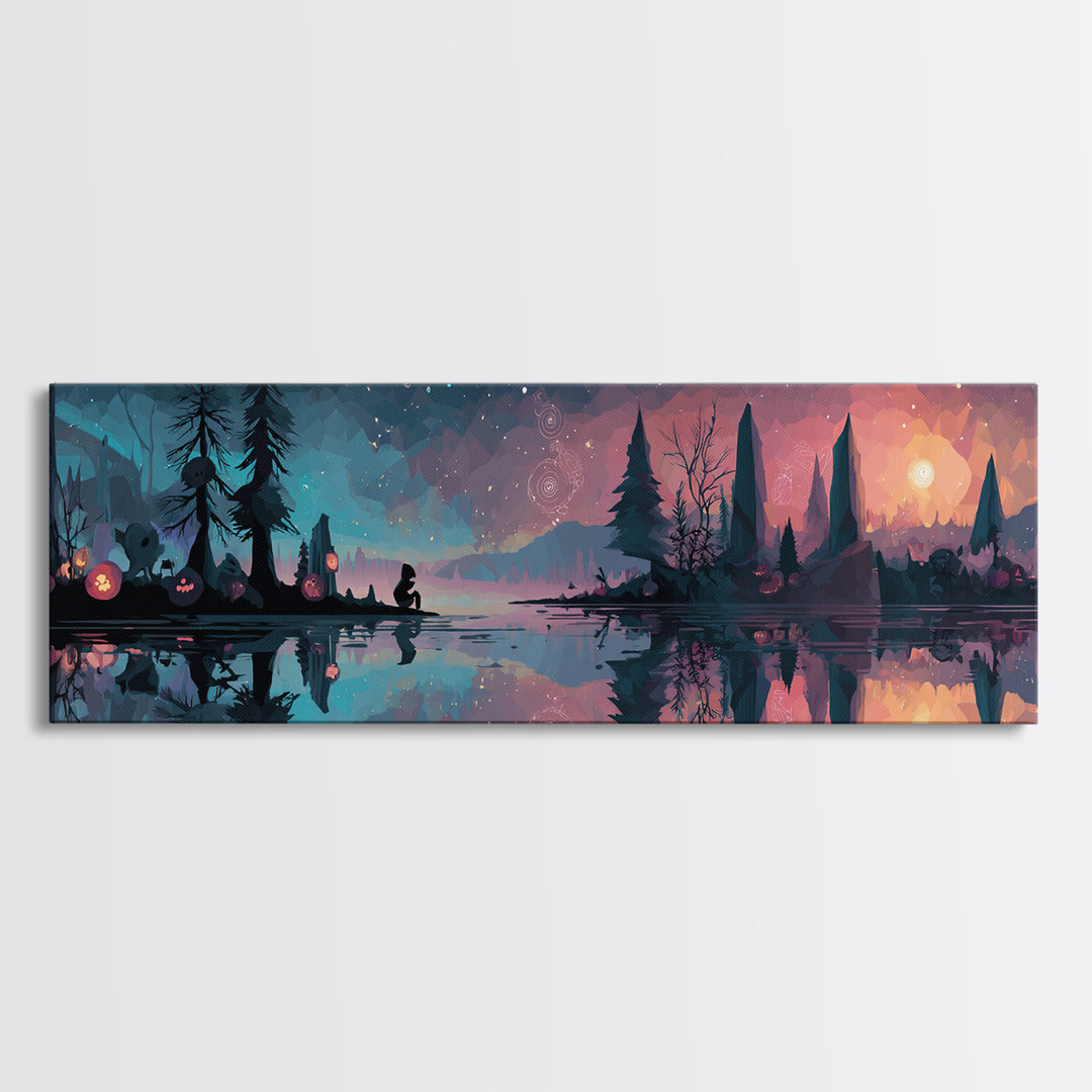 The Mirror Lake Of Lost Constellations, Cosmic Synthwave Horror, Extra Wide Wall Art, Framed Canvas Print, Retro Halloween Decor