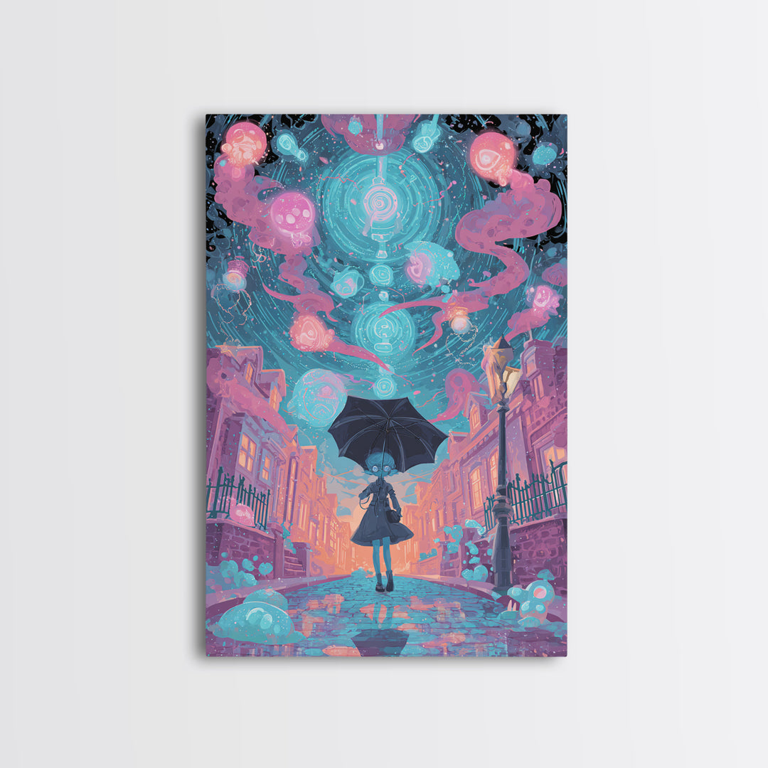 The Umbrella Of The Outer Rain, Retro Neon Halloween Art, Vertical Wall Art, Framed Canvas Print, Retro Halloween Decor, Neon Wall Art