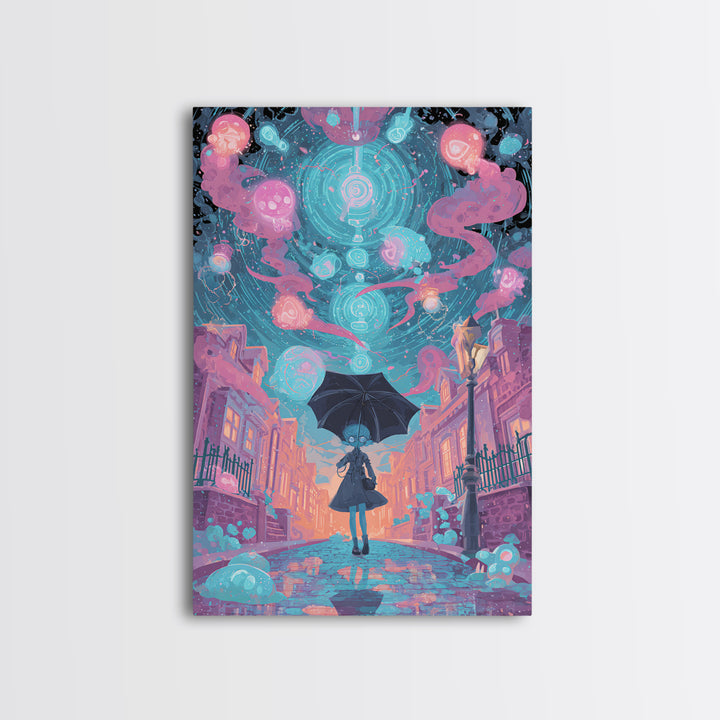The Umbrella Of The Outer Rain, Retro Neon Halloween Art, Vertical Wall Art, Framed Canvas Print, Retro Halloween Decor, Neon Wall Art