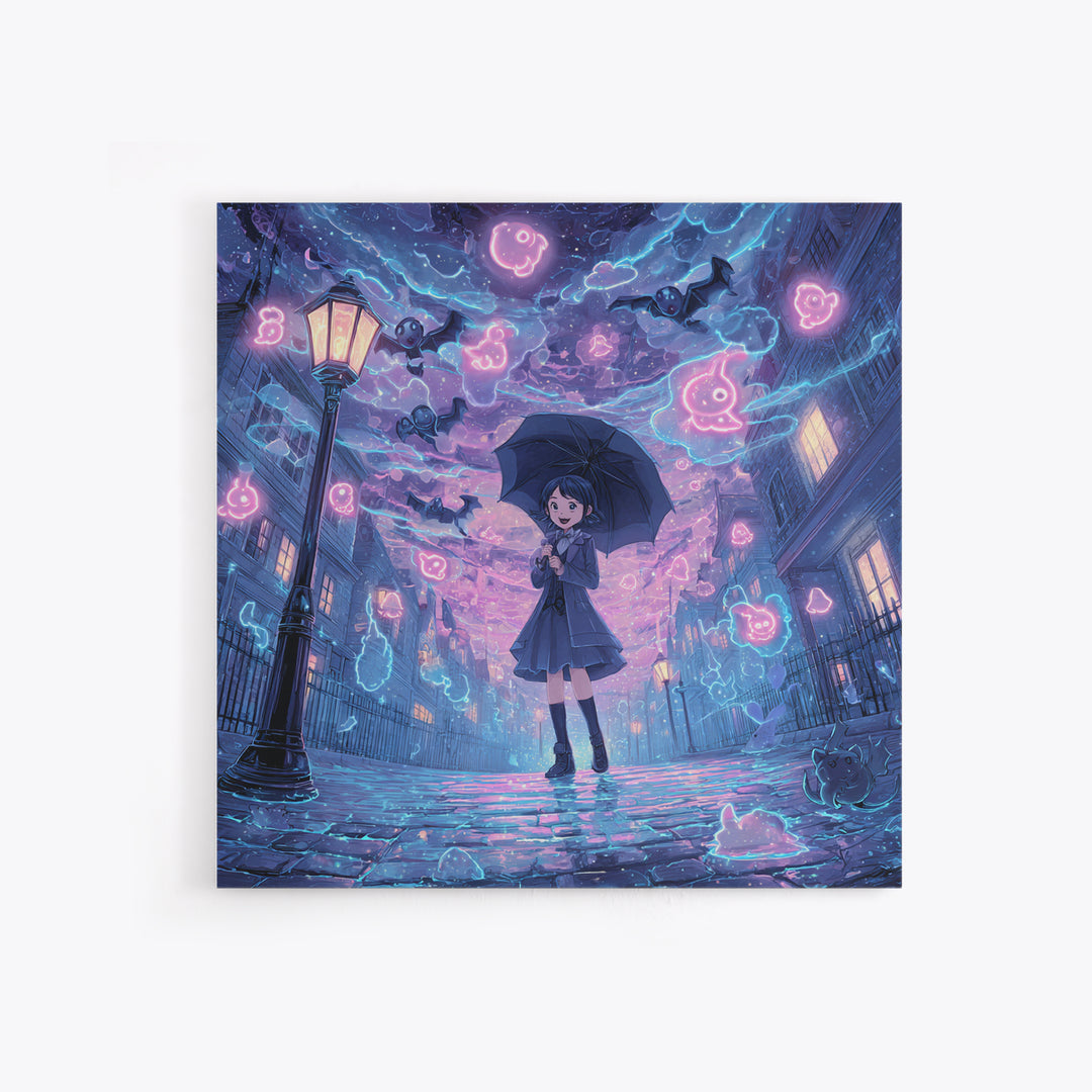 The Umbrella Of The Outer Rain, Cute Spooky Neon Art, Square Wall Art, Canvas Print, Retro Halloween Decor, Neon Wall Art