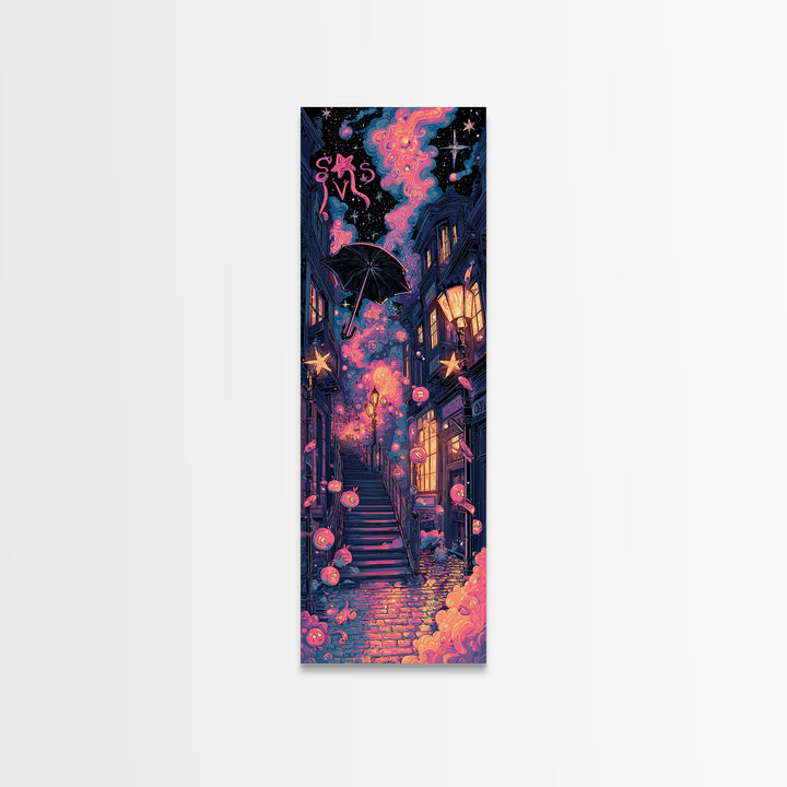 The Umbrella Of The Outer Rain, Cute Spooky Neon Art, Tall Narrow Wall Art, Canvas Print, Retro Halloween Decor, Neon Wall Art