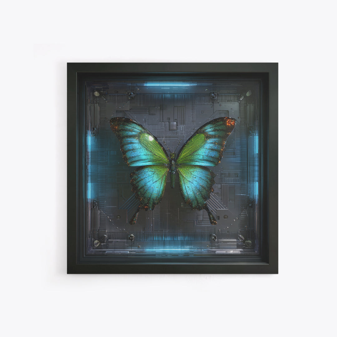 Holographic Butterfly over Black Metal Surface Canvas Print, Cyberpunk Art, Japanese Art, Living Room Decor, Fine Art, Neon, CYB-1x1-19