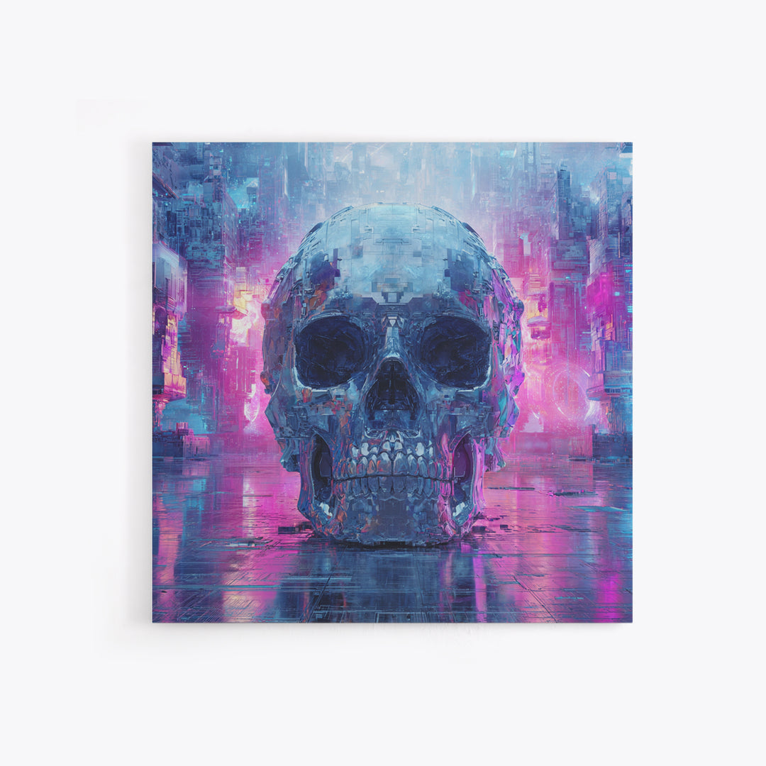 Cyberpunk Skull with Chrome and Violet Light Canvas Print, Cyberpunk Art, Art Print, Living Room Decor, Fine Art, Neon, CYB-1x1-20
