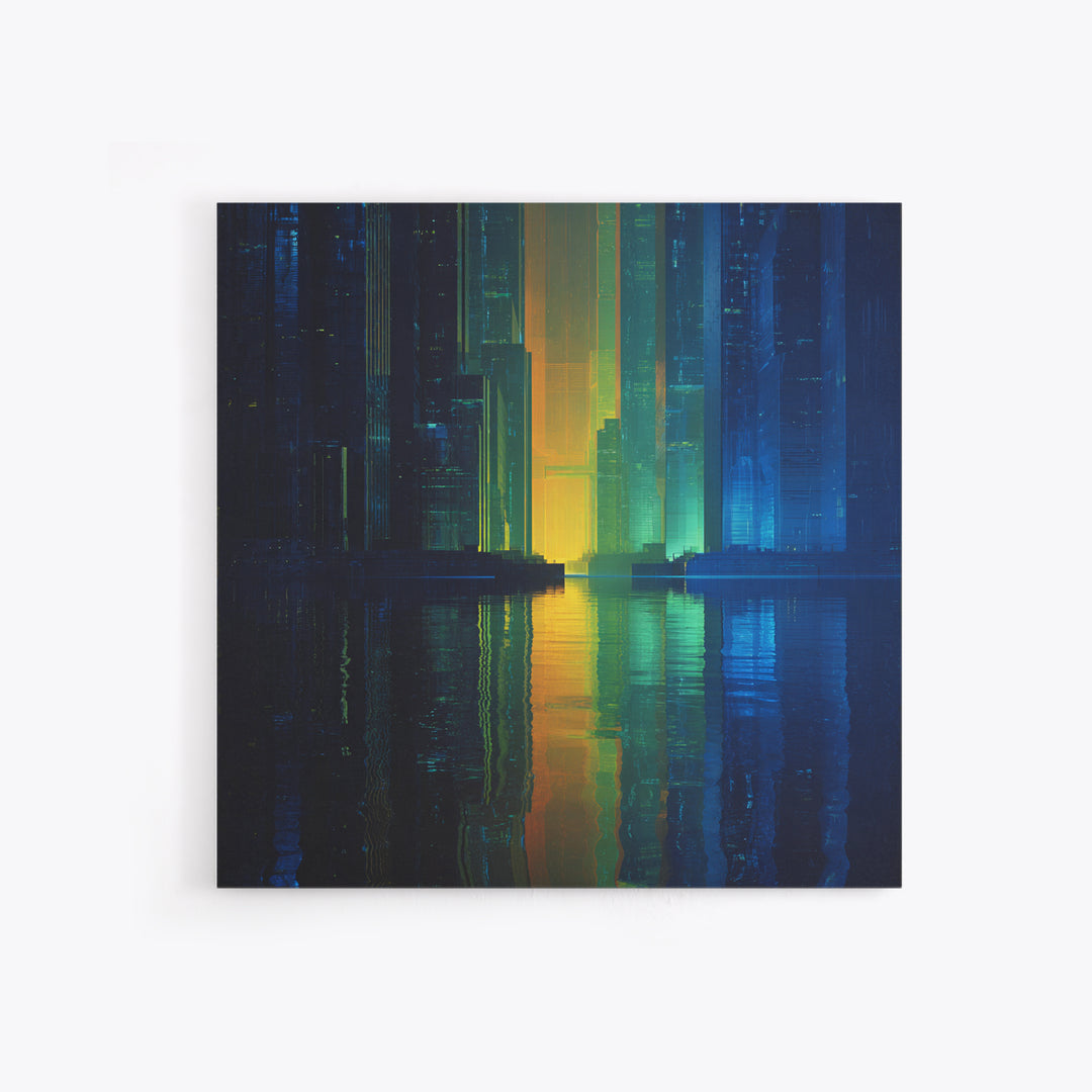 Neon Skyline Reflected Canvas Print, Cyberpunk Art, Man Cave Decor, Living Room Decor, Fine Art, Neon, Fine Art Print, CYB-1x1-22