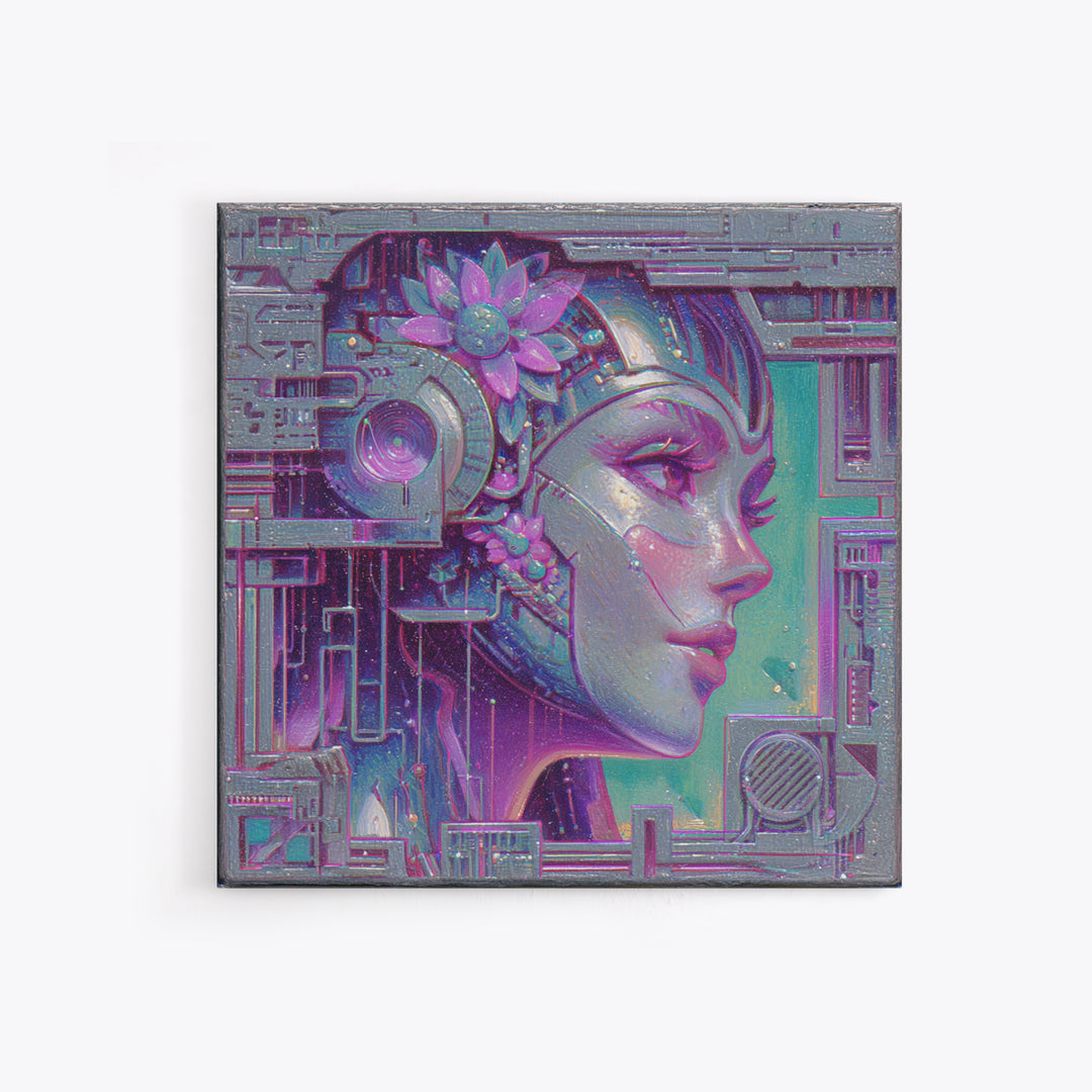 Android Woman with Glowing Circuitry and Flowers Canvas Print, Cyberpunk Art, Blue Wall Art, Living Room Decor, Neon, CYB-1x1-27