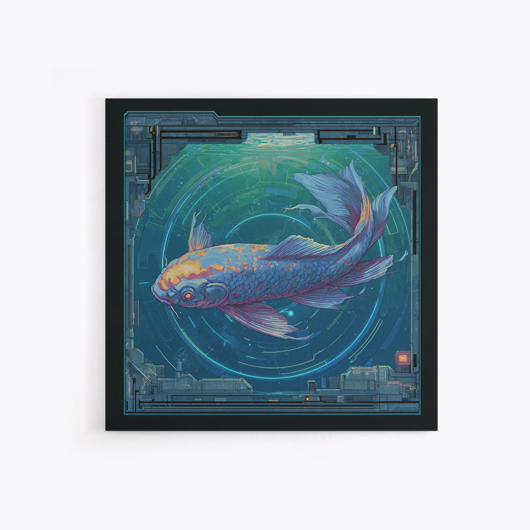 Cyberpunk Koi Swimming Through Electric Blue Water Canvas Print, Cyberpunk Art, Textured Painting, Living Room Decor, Neon, CYB-1x1-29