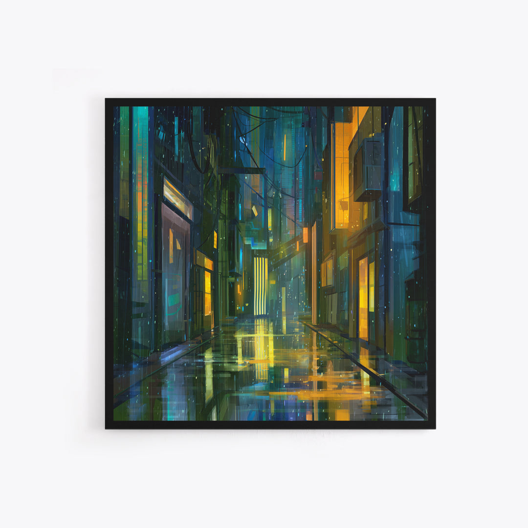 Rain Soaked Alley Framed Canvas Print, Cyberpunk Art, Gallery Decor, Living Room Decor, Fine Art, Neon, Wall Art, Home Decor, CYB-1x1-32
