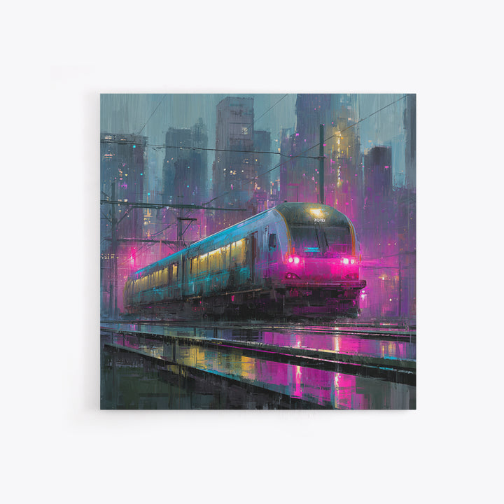 City Train Rushing Through Pink Electric Haze Framed Canvas Print, Cyberpunk Art, Boho Decor, Living Room Decor, Oil Painting, CYB-1x1-37