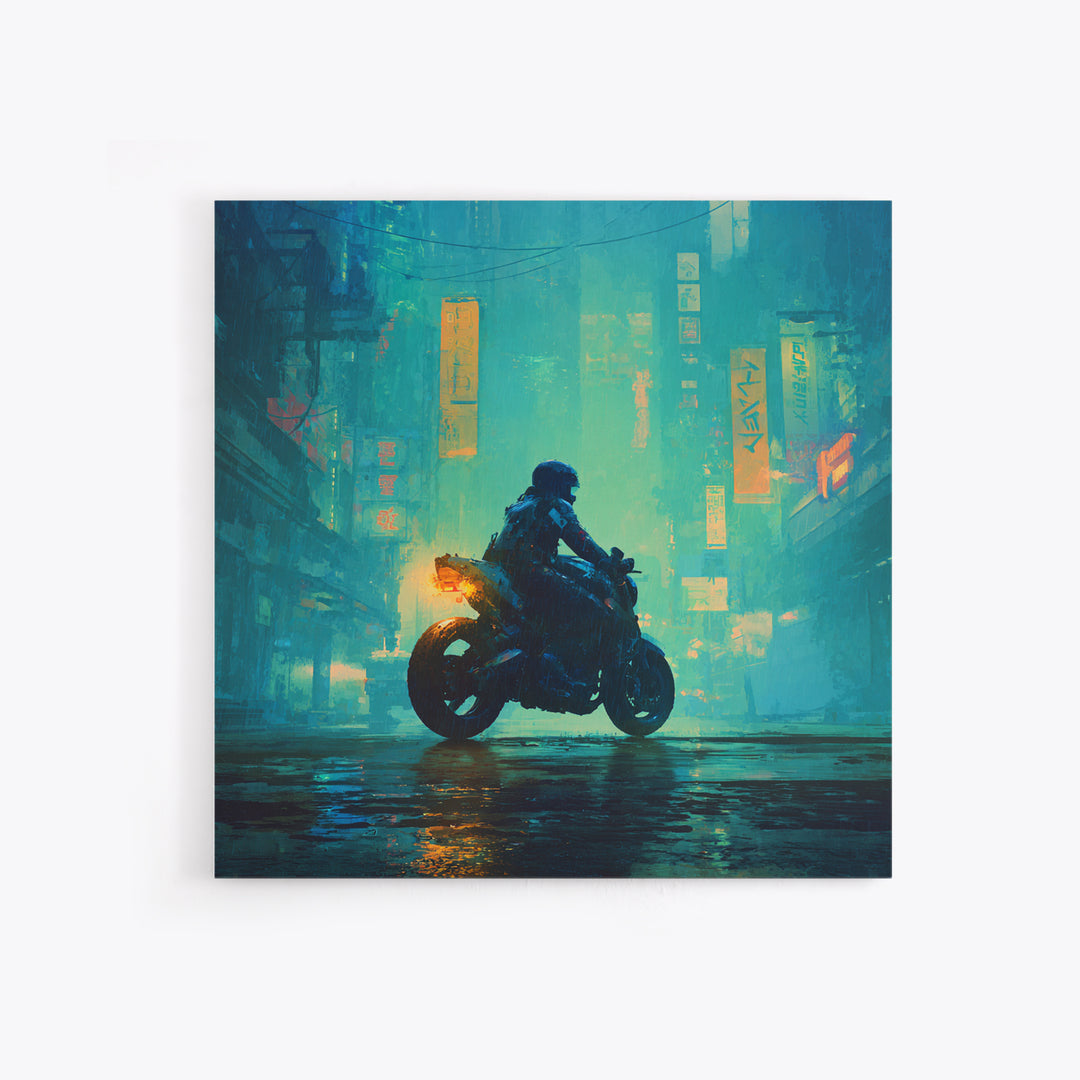 Motorcycle Rider under Holographic Signs Canvas Print, Cyberpunk Art, Home Decor, Living Room Decor, Neon, Japanese Wall Art, CYB-1x1-4