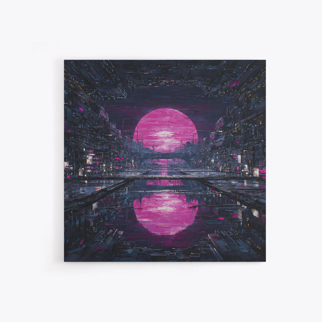 Dystopian Moon over Dense Rooftops Framed Canvas Print, Cyberpunk Art, Cyberpunk Helmet, Living Room Decor, Abstract Art, Neon, CYB-1x1-42