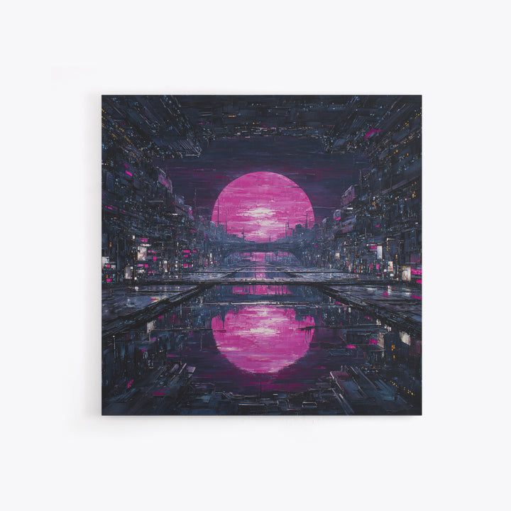 Dystopian Moon over Dense Rooftops Framed Canvas Print, Cyberpunk Art, Cyberpunk Helmet, Living Room Decor, Abstract Art, Neon, CYB-1x1-42
