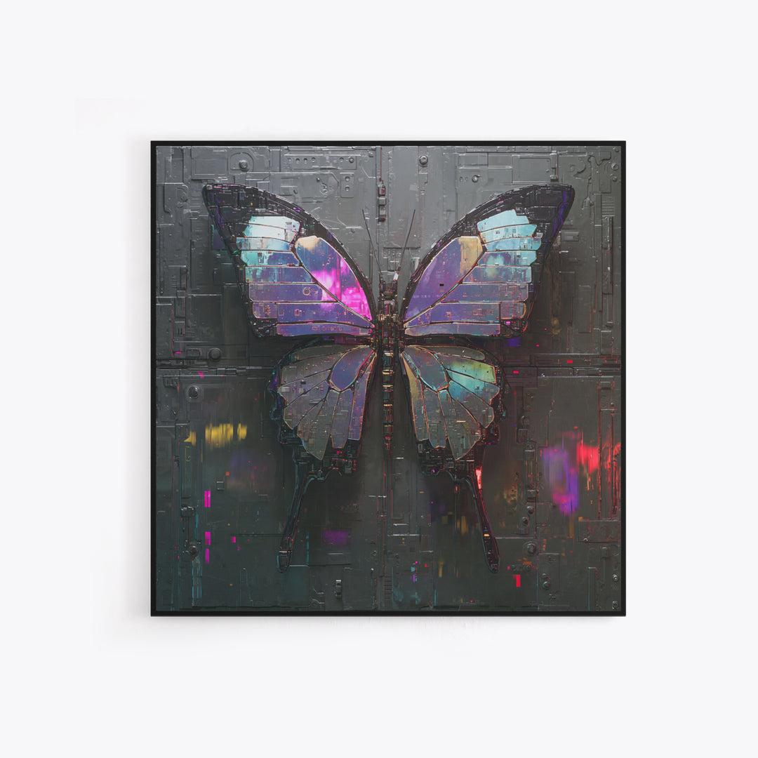 Holographic Butterfly over Black Metal Surface Framed Canvas Print, Cyberpunk Art, Man Cave Decor, Living Room Decor, Neon, CYB-1x1-43