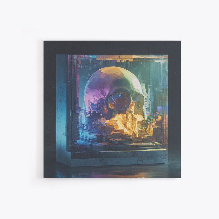 Cyberpunk Skull with Chrome and Violet Light Framed Canvas Print, Cyberpunk Art, Movie Posters, Living Room Decor, Neon, CYB-1x1-44