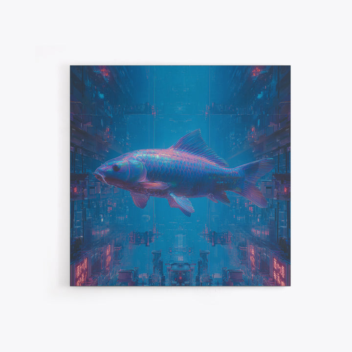 Cyberpunk Koi Swimming Through Electric Blue Water Canvas Print, Cyberpunk Art, Fine Art Print, Living Room Decor, Neon, CYB-1x1-5