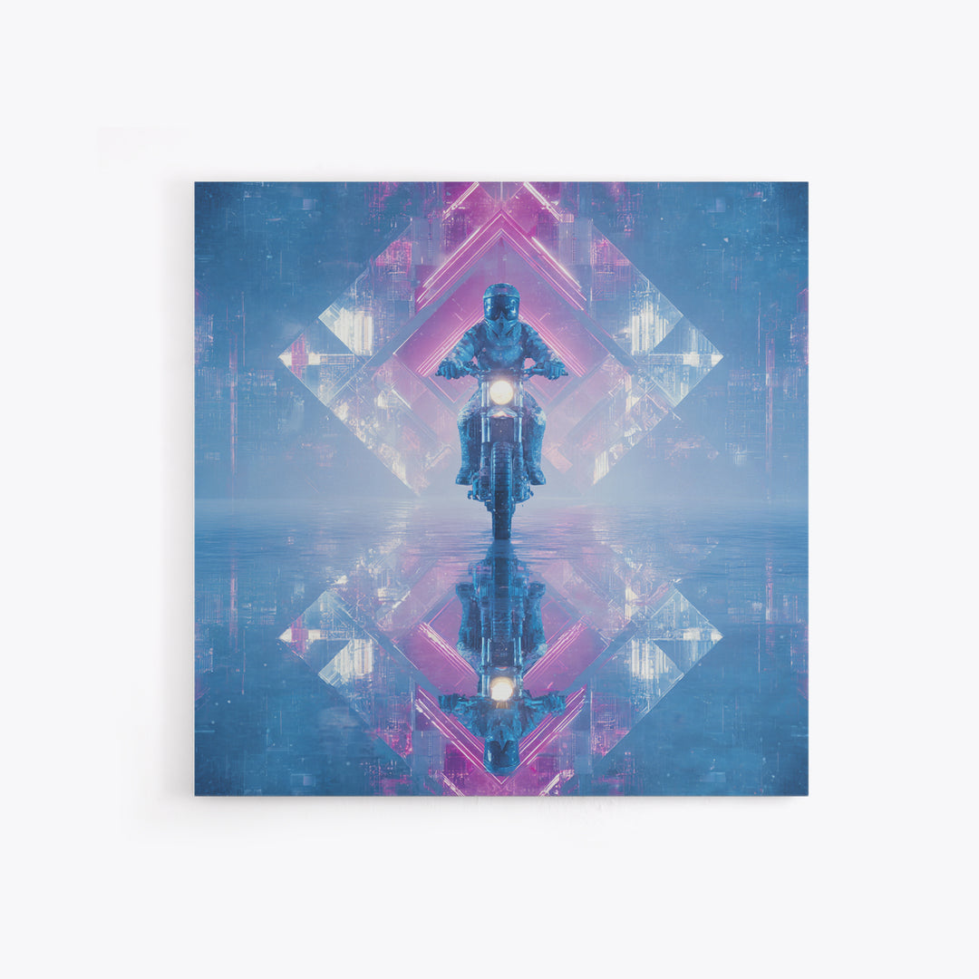 Motorcycle Rider under Holographic Signs Framed Canvas Print, Cyberpunk Art, Cool Wall Art, Living Room Decor, Fine Art, Neon, CYB-1x1-52