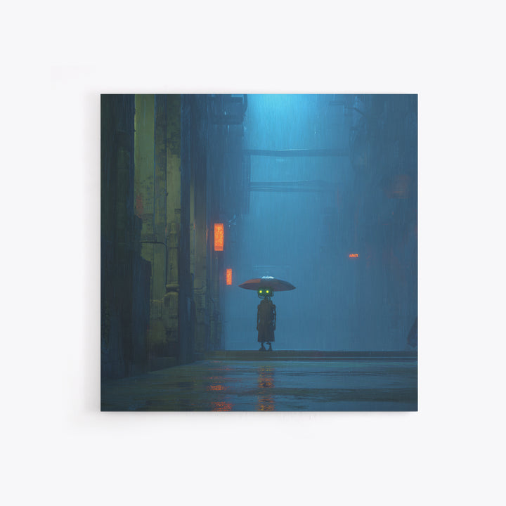 Glowing Umbrella Figure Framed Canvas Print, Cyberpunk Art, Neutral Decor, Living Room Decor, Fine Art, Neon, Home Decor, CYB-1x1-63