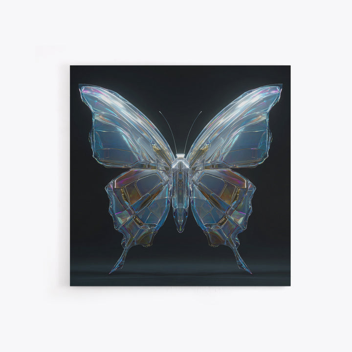 Holographic Butterfly over Black Metal Surface Framed Canvas Print, Cyberpunk Art, Modern Decor, Living Room Decor, Neon, CYB-1x1-67
