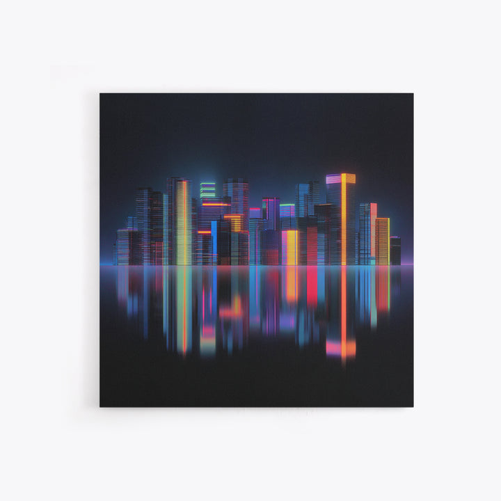 Neon Skyline Reflected Framed Canvas Print, Cyberpunk Art, Minimalist Poster, Living Room Decor, Fine Art, Neon, CYB-1x1-70