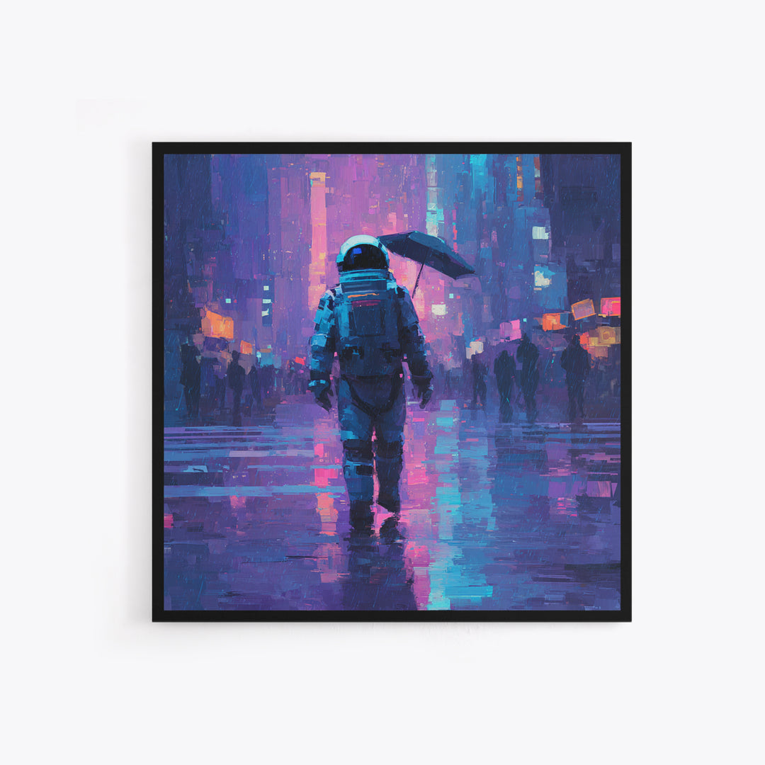 Astronaut Street Wanderer Framed Canvas Print, Cyberpunk Art, Cyberpunk Tarot, Living Room Decor, Fine Art, Neon, CYB-1x1-71
