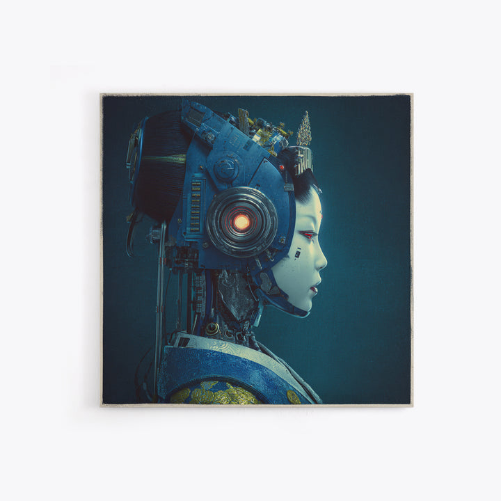 Robot Geisha Portrait Framed Canvas Print, Cyberpunk Art, Boho Decor, Living Room Decor, Fine Art, Neon, Art Print, Digital Art, CYB-1x1-79