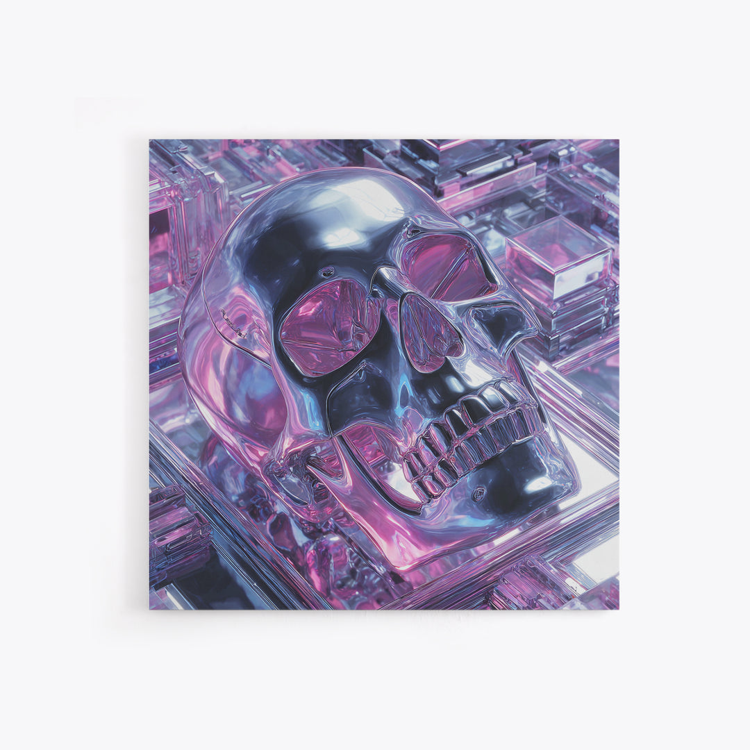 Cyberpunk Skull with Chrome and Violet Light Canvas Print, Cyberpunk Art, Cyberpunk Tarot, Living Room Decor, Fine Art, Neon, CYB-1x1-92