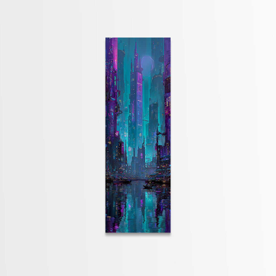 Futuristic City Skyline Canvas Print, Cyberpunk Art, Gallery Decor, Living Room Decor, Fine Art, Neon, Wall Art, Home Decor, CYB-1x3-14