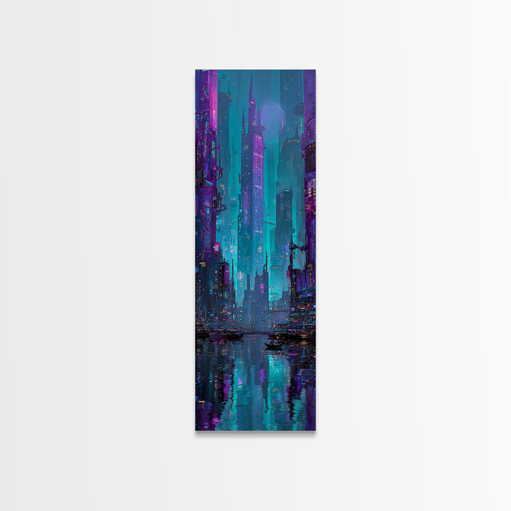 Futuristic City Skyline Canvas Print, Cyberpunk Art, Gallery Decor, Living Room Decor, Fine Art, Neon, Wall Art, Home Decor, CYB-1x3-14