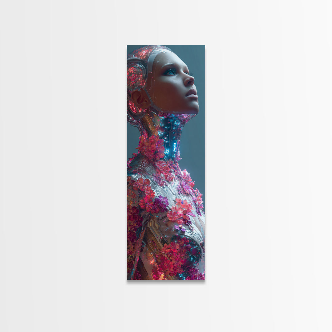 Android Woman with Glowing Circuitry and Flowers Framed Canvas Print, Cyberpunk Art, Canvas Wall Art, Living Room Decor, Neon, CYB-1x3-15