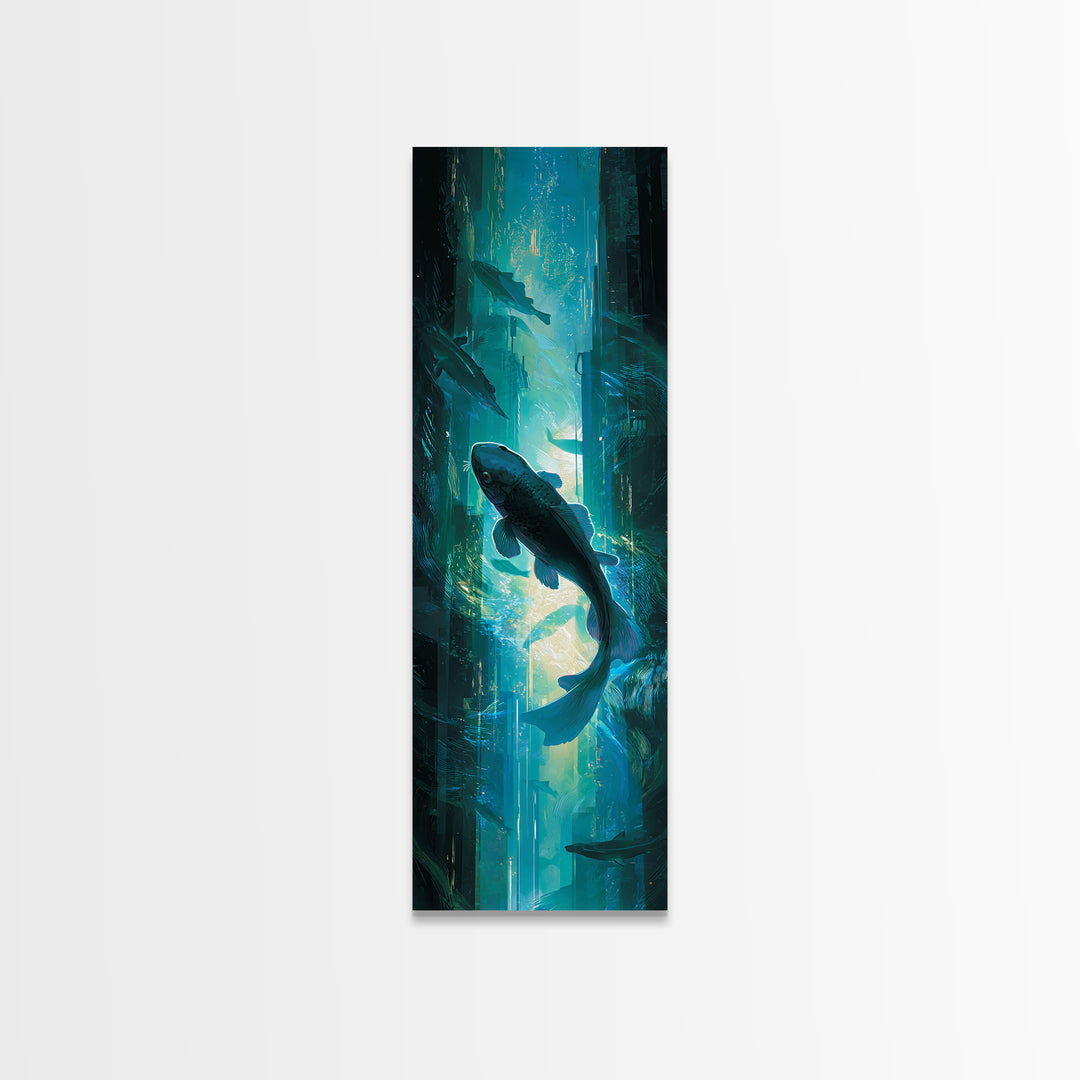 Cyberpunk Koi Swimming Through Electric Blue Water Canvas Print, Cyberpunk Art, Poster, Living Room Decor, Fine Art, Neon, CYB-1x3-17