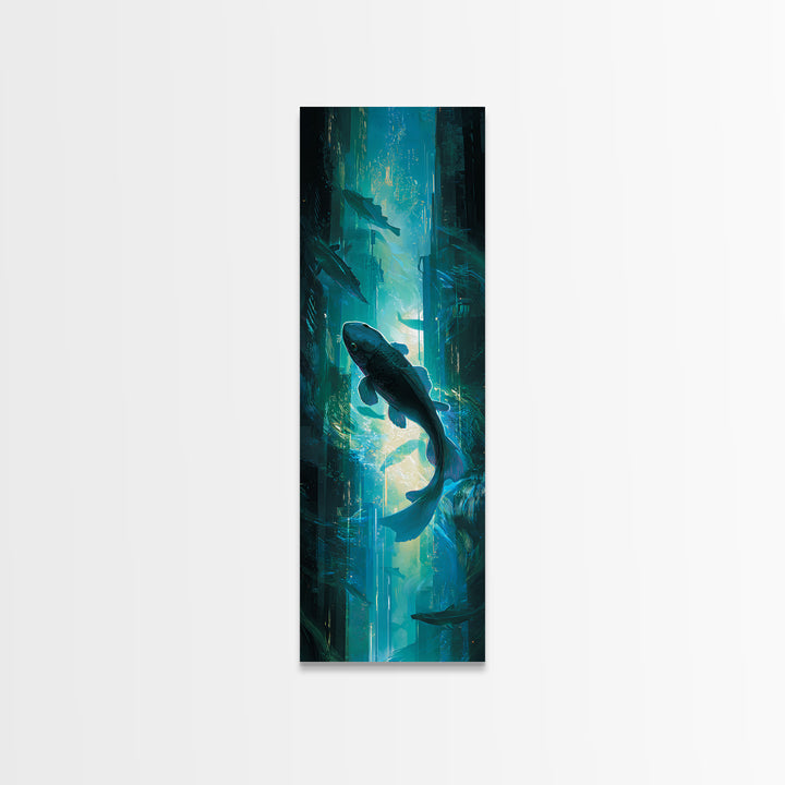 Cyberpunk Koi Swimming Through Electric Blue Water Canvas Print, Cyberpunk Art, Poster, Living Room Decor, Fine Art, Neon, CYB-1x3-17
