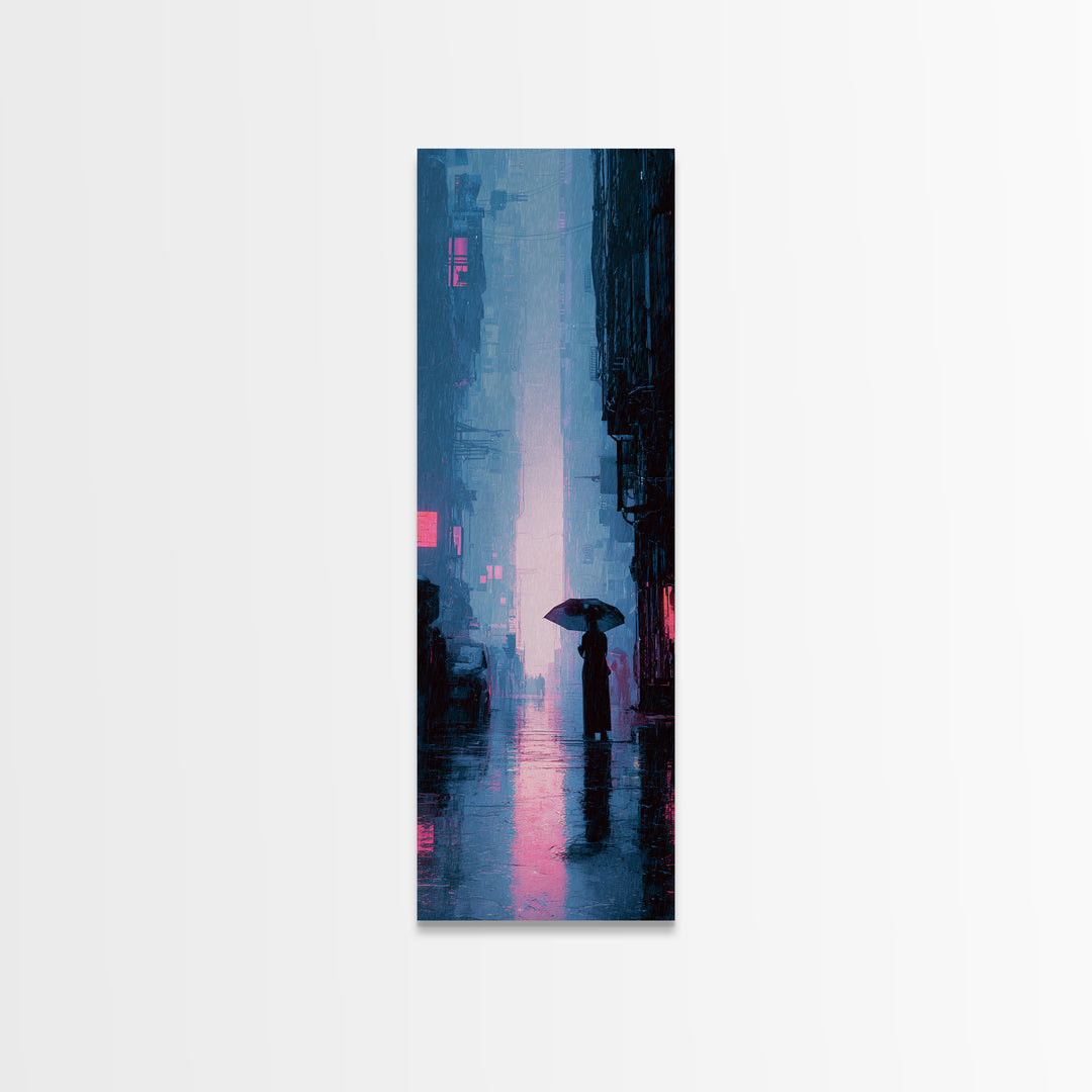 Glowing Umbrella Figure Canvas Print, Cyberpunk Art, Modern Wall Art, Living Room Decor, Oil Painting, Neon, Minimalist Poster, CYB-1x3-27