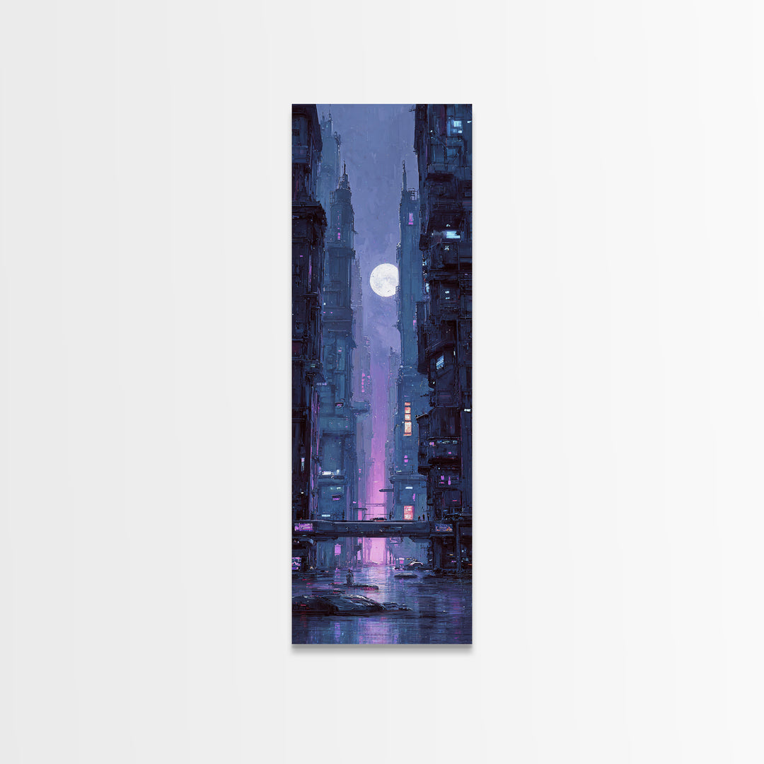 Dystopian Moon over Dense Rooftops Framed Canvas Print, Cyberpunk Art, Fantasy Art, Living Room Decor, Oil Painting, Neon, CYB-1x3-30
