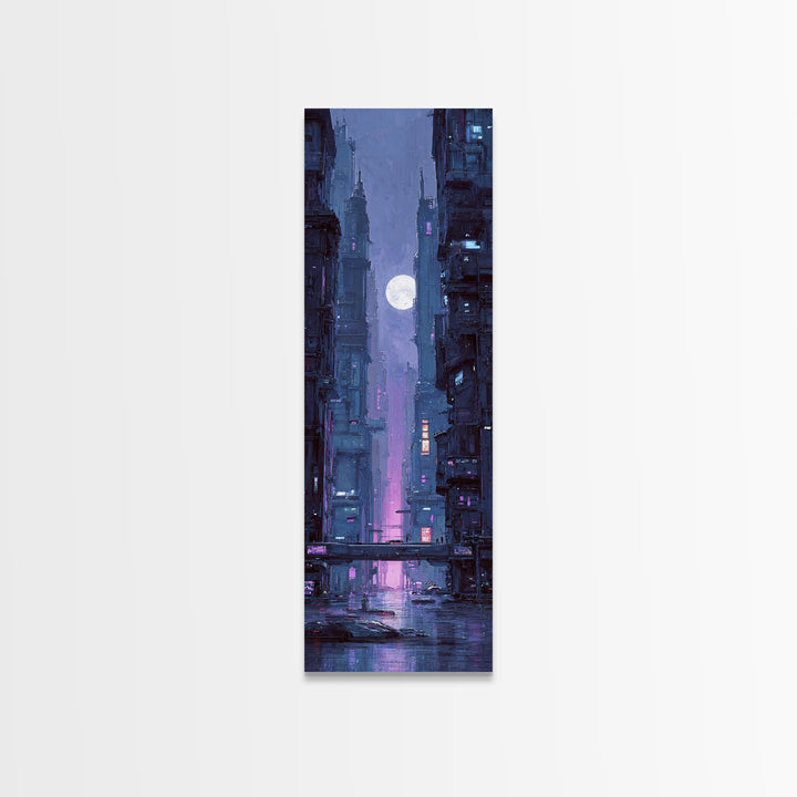 Dystopian Moon over Dense Rooftops Framed Canvas Print, Cyberpunk Art, Fantasy Art, Living Room Decor, Oil Painting, Neon, CYB-1x3-30
