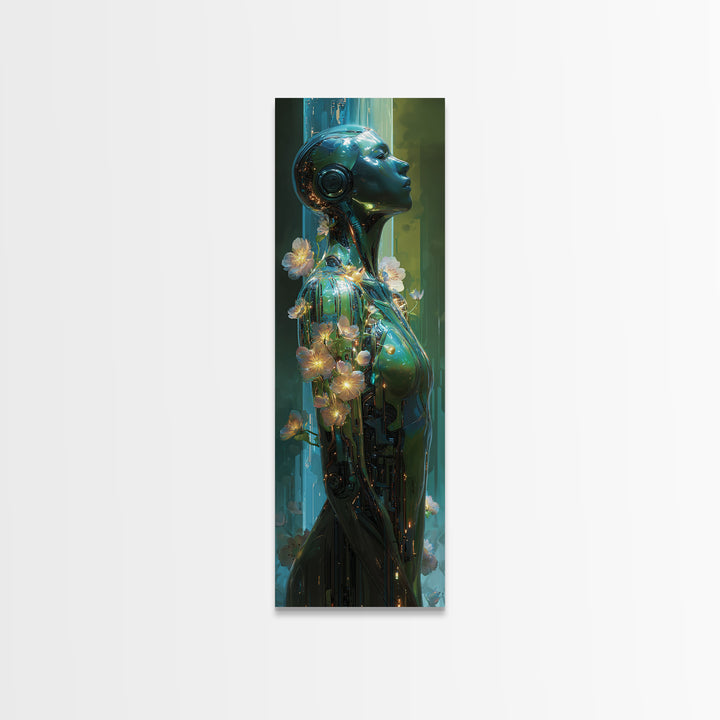 Android Woman with Glowing Circuitry and Flowers Canvas Print, Cyberpunk Art, Blue Wall Art, Living Room Decor, Oil Painting, CYB-1x3-39
