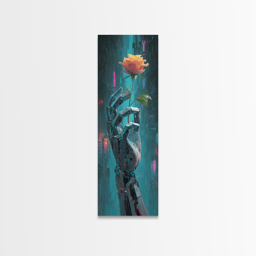 Robotic Hand Holding a Real Rose Framed Canvas Print, Cyberpunk Art, Minimalist Decor, Living Room Decor, Fine Art, Neon, CYB-1x3-4