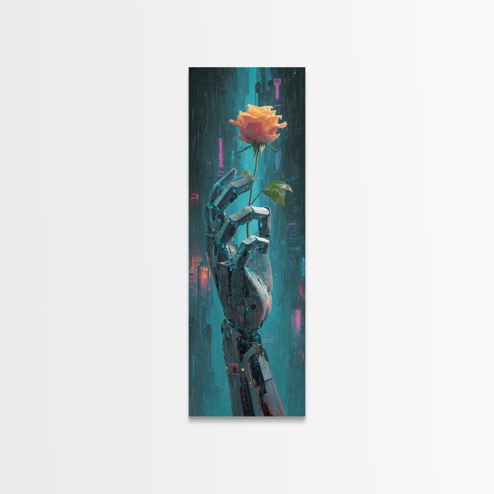 Robotic Hand Holding a Real Rose Framed Canvas Print, Cyberpunk Art, Minimalist Decor, Living Room Decor, Fine Art, Neon, CYB-1x3-4