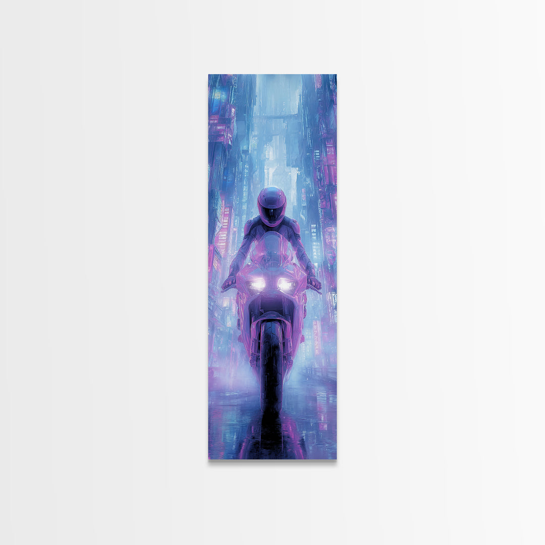 Motorcycle Rider under Holographic Signs Canvas Print, Cyberpunk Art, Abstract Art, Living Room Decor, Fine Art, Neon, CYB-1x3-40