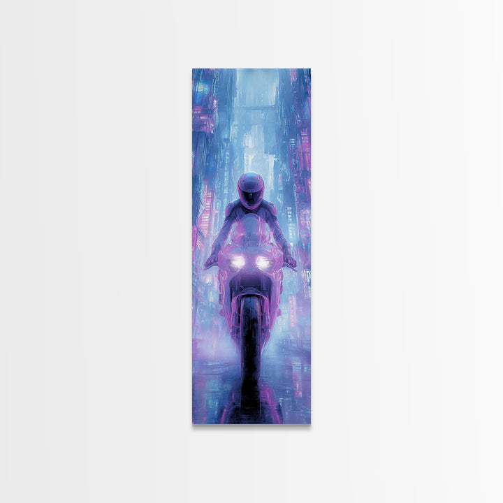 Motorcycle Rider under Holographic Signs Canvas Print, Cyberpunk Art, Abstract Art, Living Room Decor, Fine Art, Neon, CYB-1x3-40