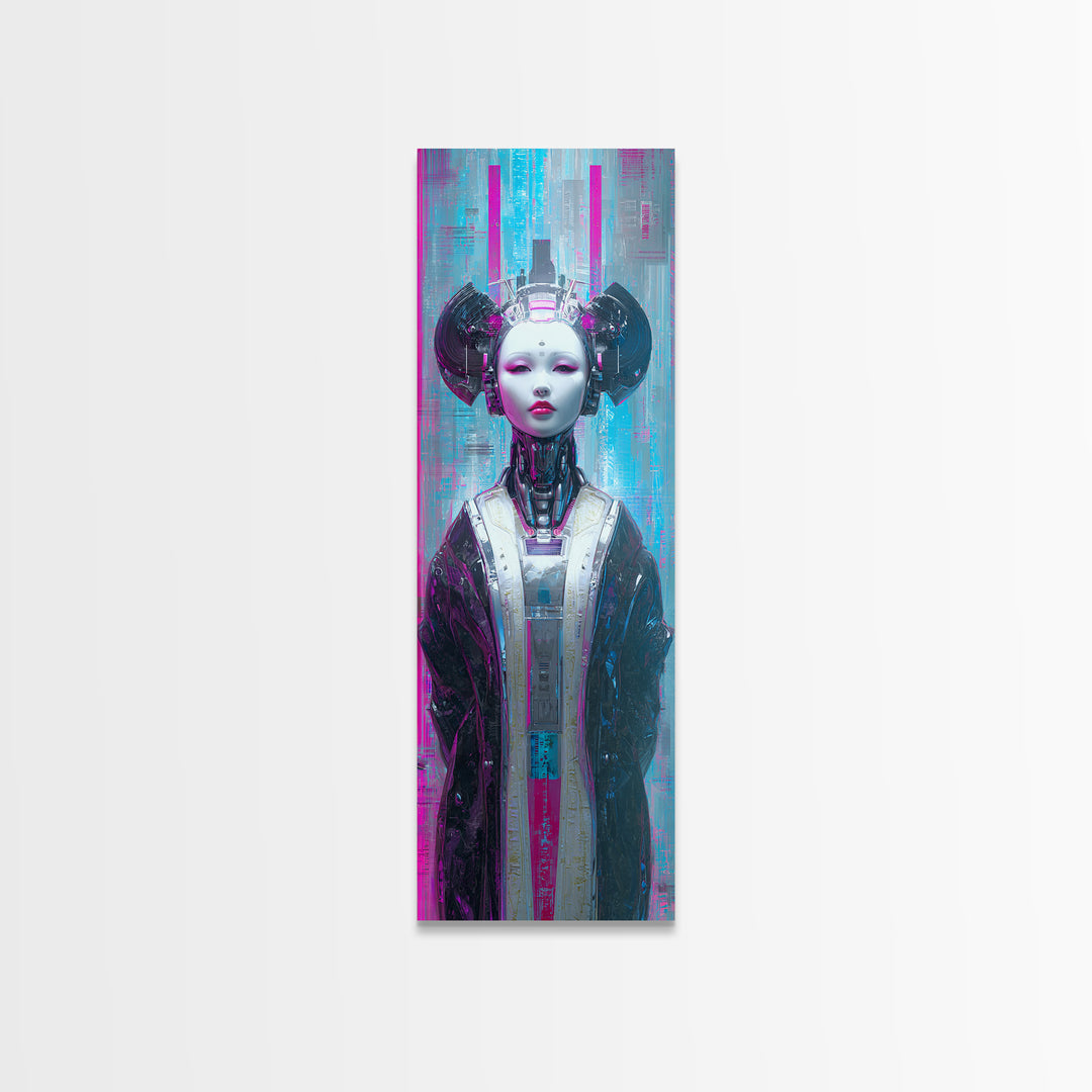Robot Geisha Portrait Canvas Print, Cyberpunk Art, Cool Wall Art, Living Room Decor, Neon, Gallery Decor, Neutral Decor, CYB-1x3-43