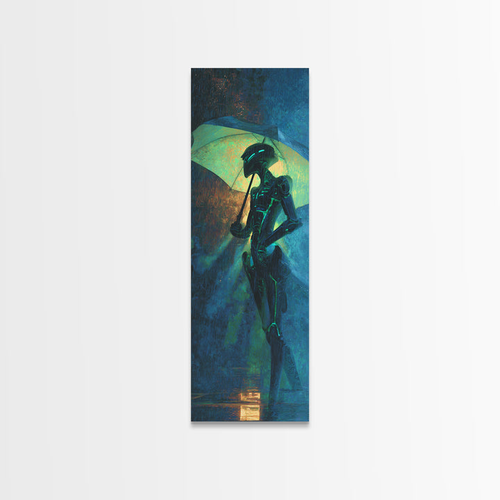 Glowing Umbrella Figure Canvas Print, Cyberpunk Art, Cyberpunk Helmet, Living Room Decor, Fine Art, Neon, Textured Painting, CYB-1x3-51