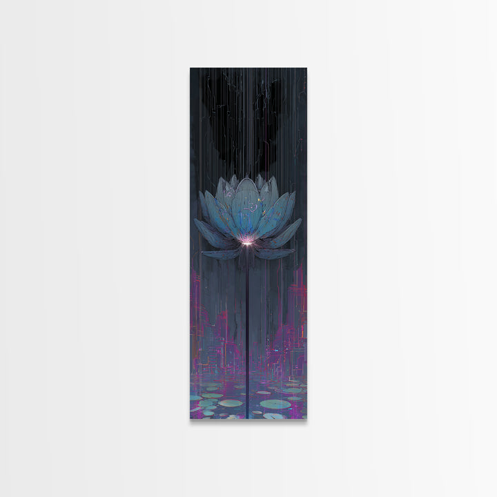 Electric Lotus Flower Framed Canvas Print, Cyberpunk Art, Textured Painting, Living Room Decor, Neon, Digital Wall Art, CYB-1x3-53