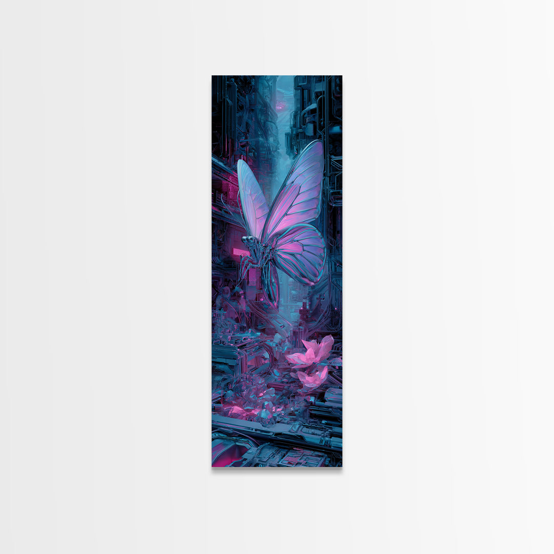 Holographic Butterfly over Black Metal Surface Canvas Print, Cyberpunk Art, Man Cave Decor, Living Room Decor, Fine Art, Neon, CYB-1x3-55