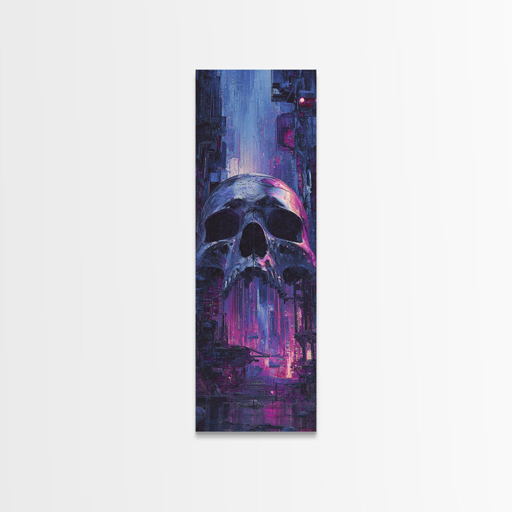 Cyberpunk Skull with Chrome and Violet Light Canvas Print, Cyberpunk Art, Modern Art, Living Room Decor, Fine Art, Neon, CYB-1x3-56
