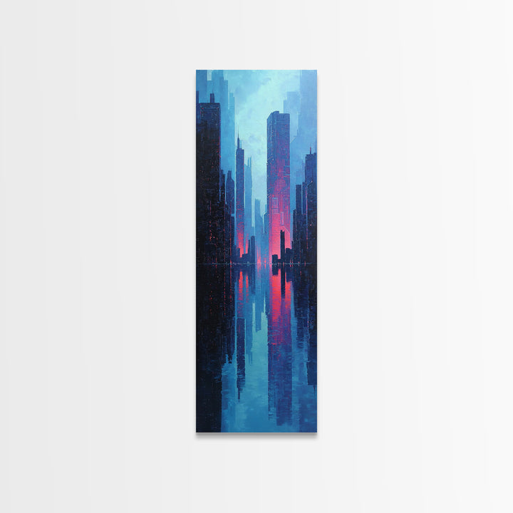 Neon Skyline Reflected Framed Canvas Print, Cyberpunk Art, Modern Wall Decor, Living Room Decor, Abstract Art, Neon, CYB-1x3-58