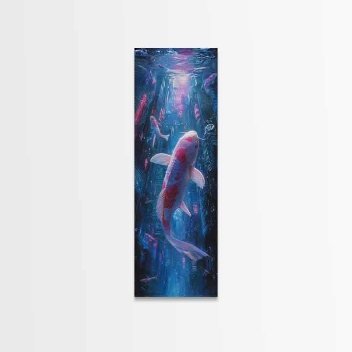 Cyberpunk Koi Swimming Through Electric Blue Water Canvas Print, Cyberpunk Art, Art Print, Living Room Decor, Fine Art, Neon, CYB-1x3-65