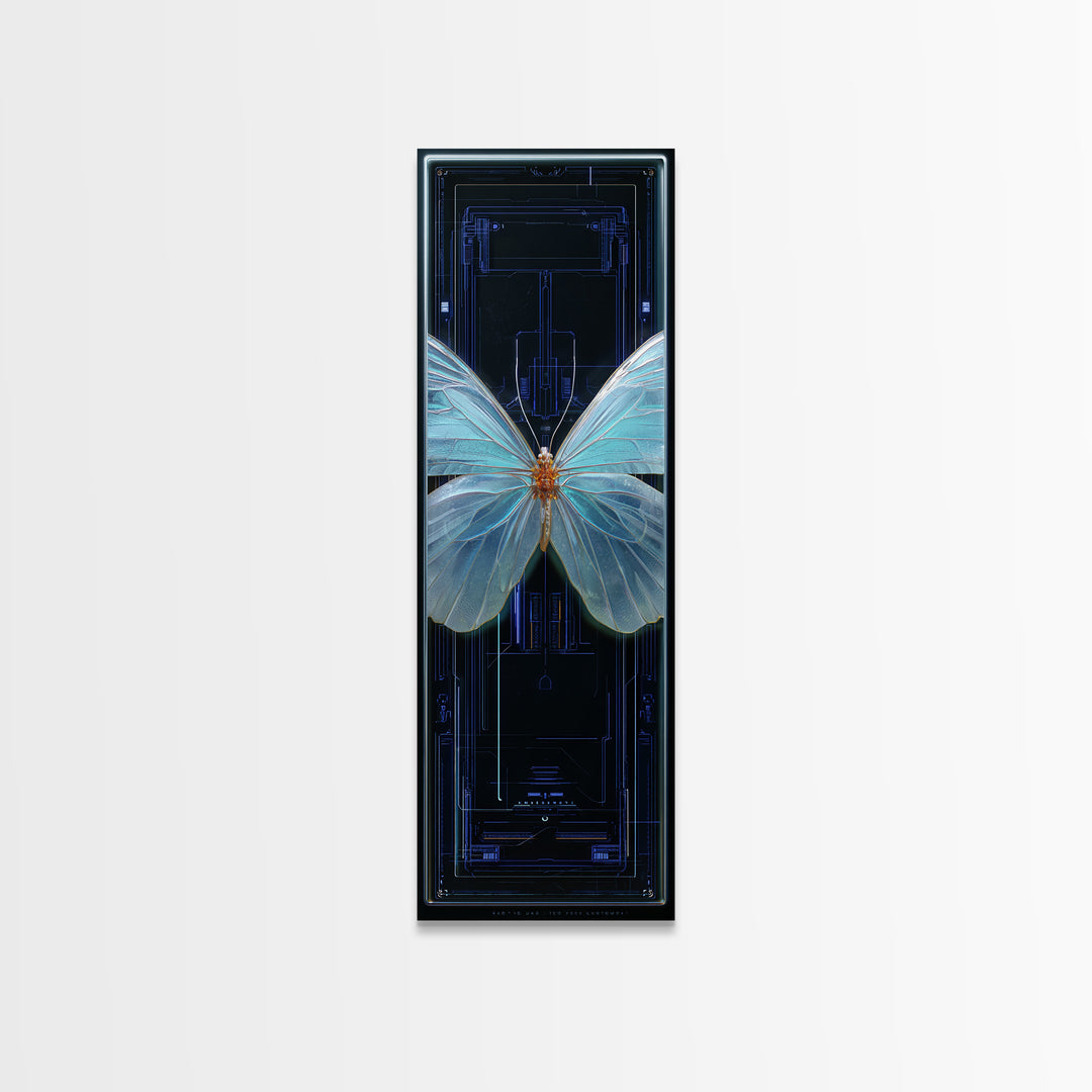 Holographic Butterfly over Black Metal Surface Canvas Print, Cyberpunk Art, Gothic Decor, Living Room Decor, Oil Painting, Neon, CYB-1x3-7